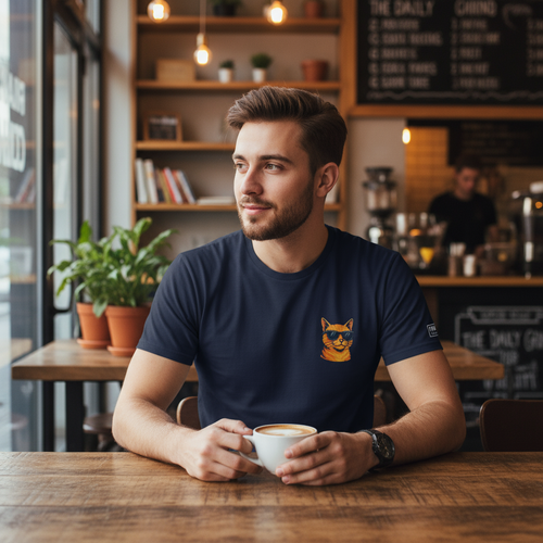 Unisex-T-Shirt (dunkelblau) mit orangefarbener Katzen-Grafik auf der Brust