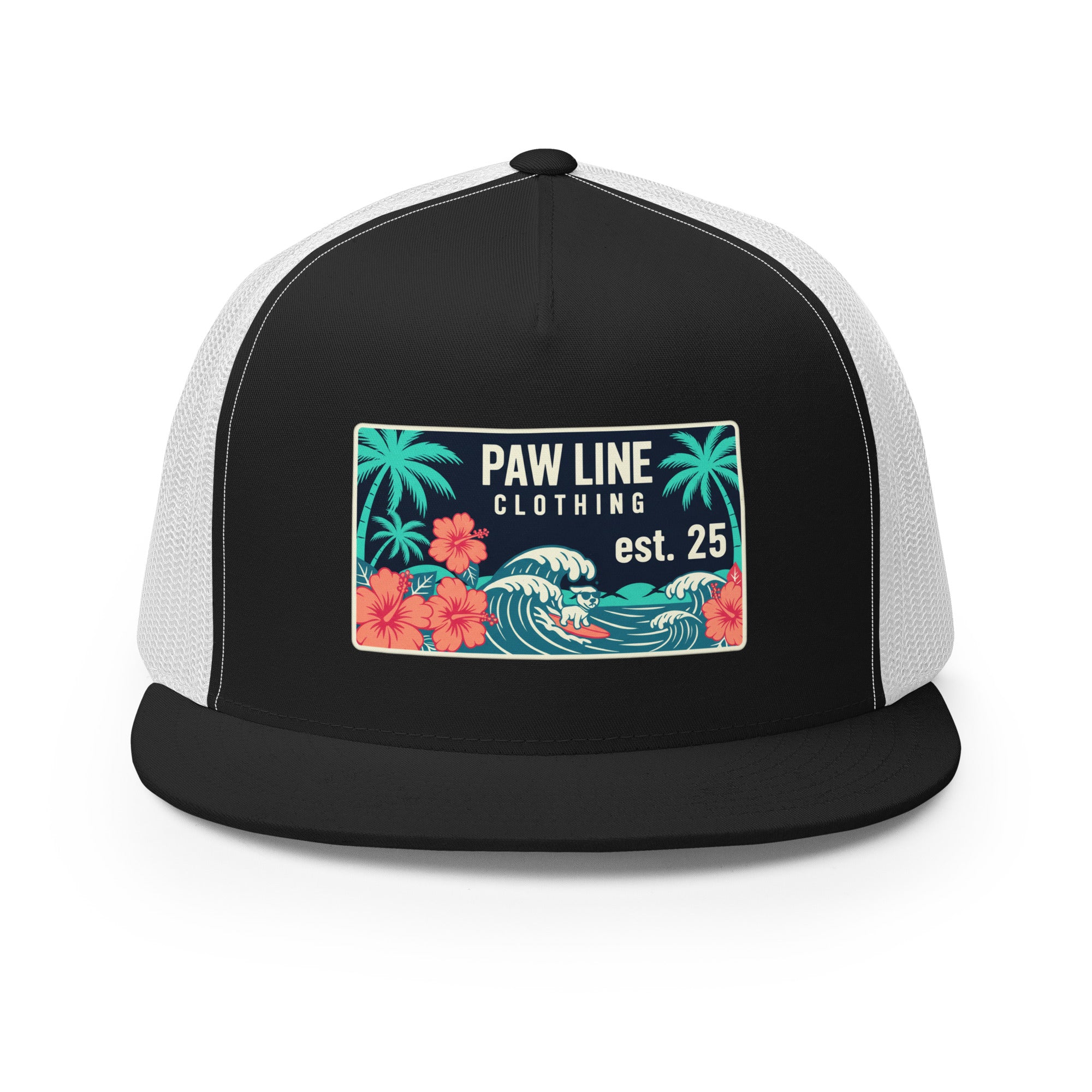 Trucker-Cap mit schwarzer Front und weißem Mesh, Logo-Patch mit tropischem Design
