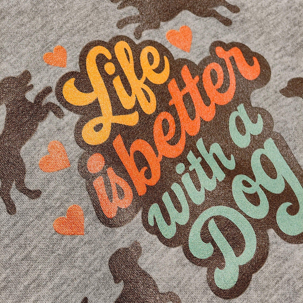 Hoodie mit heather-grauem Stoff und großem mehrfarbigem Hunde-Print