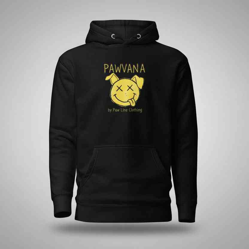 Schwarzer Hoodie mit Kapuze, Rückendruck „PAWVANA“ und gelbem Hundegesicht.