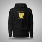 Schwarzer Hoodie mit Kapuze, Rückendruck „PAWVANA“ und gelbem Hundegesicht.