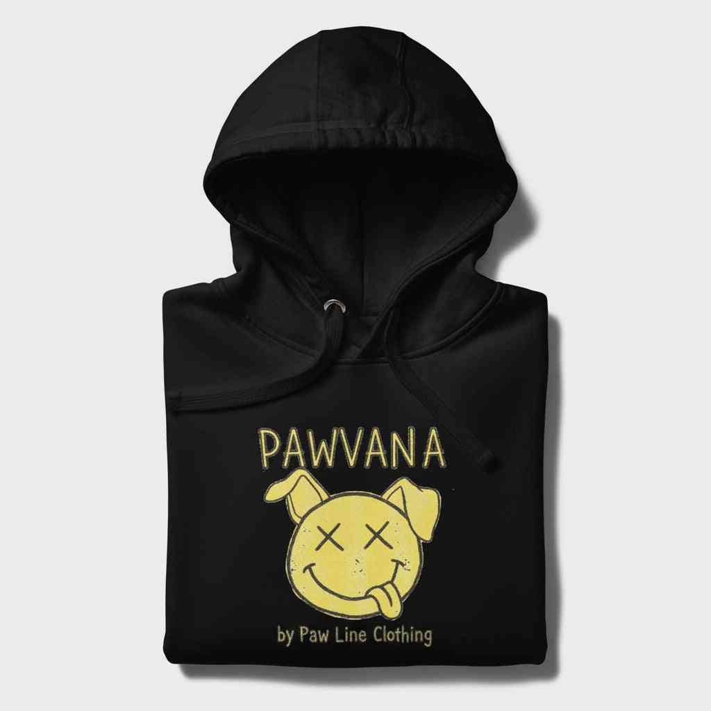 Schwarzer Hoodie mit Kapuze, Kordelzug und gelbem Pawvana-Hundegesicht vorne.