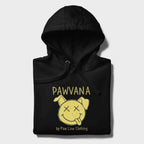 Schwarzer Hoodie mit Kapuze, Kordelzug und gelbem Pawvana-Hundegesicht vorne.