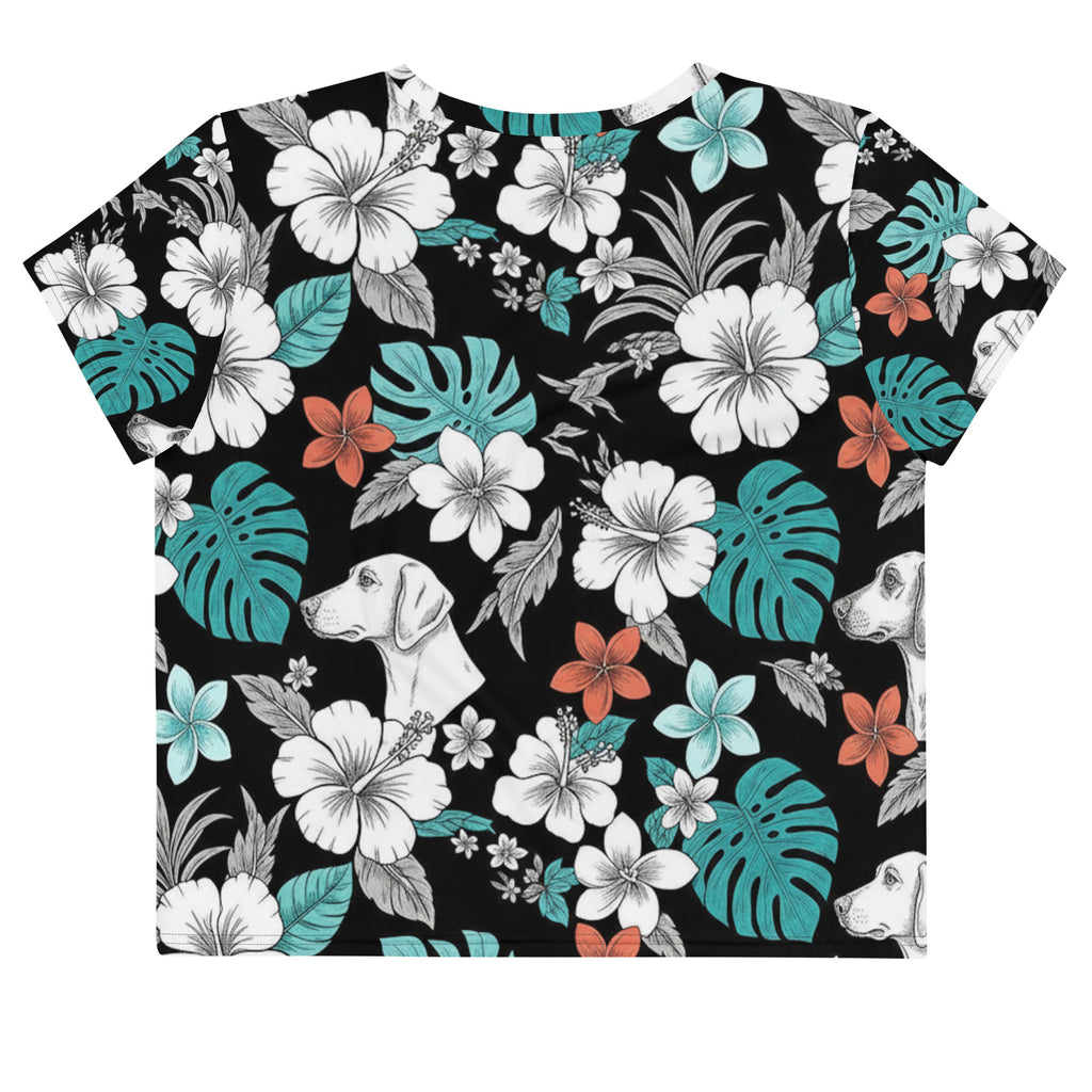 Kurzes Oberteil mit Rundhalsausschnitt, kurze Ärmel, schwarz mit tropischem Blumenmuster.