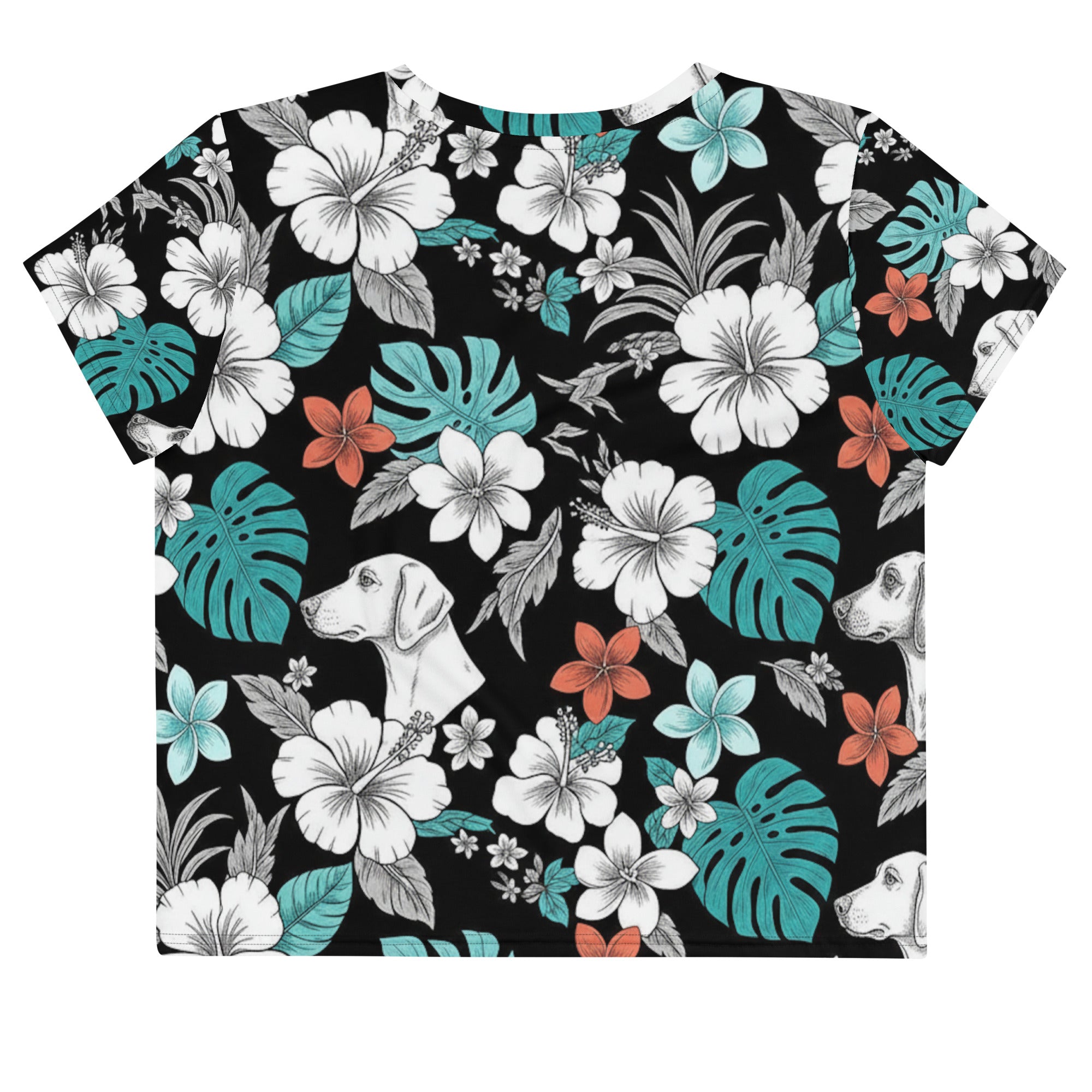 Kurzes Oberteil mit Rundhalsausschnitt, kurze Ärmel, schwarz mit tropischem Blumenmuster.