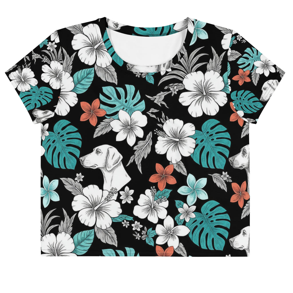 Kurzes Oberteil mit Rundhalsausschnitt, kurze Ärmel, schwarz mit Blumen- und Hundemotiven.