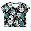 Kurzes Oberteil mit Rundhalsausschnitt, kurze Ärmel, schwarz mit Blumen- und Hundemotiven.