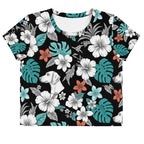 Kurzes Oberteil mit Rundhalsausschnitt, kurze Ärmel, schwarz mit Blumen- und Hundemotiven.