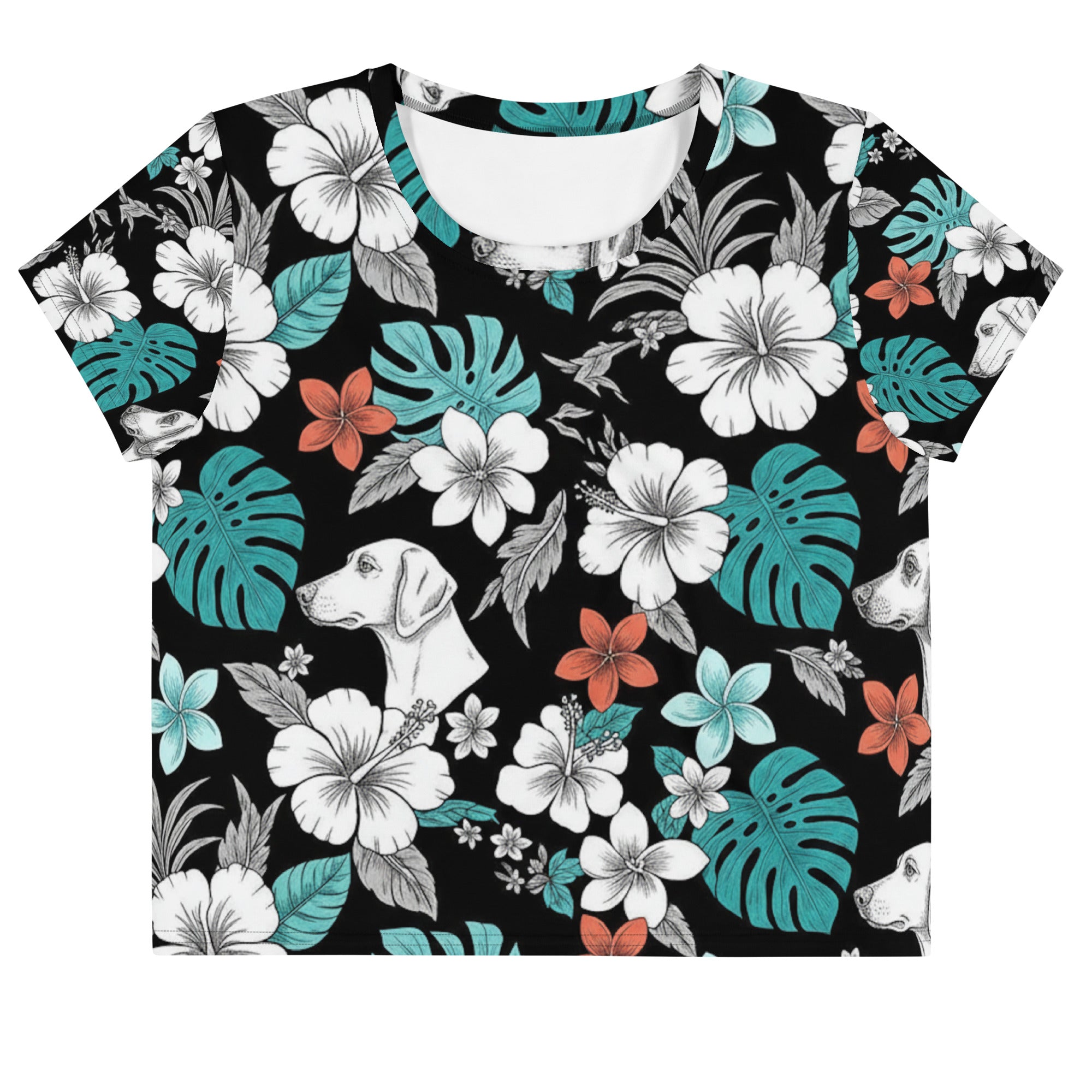 Kurzes Oberteil mit Rundhalsausschnitt, kurze Ärmel, schwarz mit Blumen- und Hundemotiven.