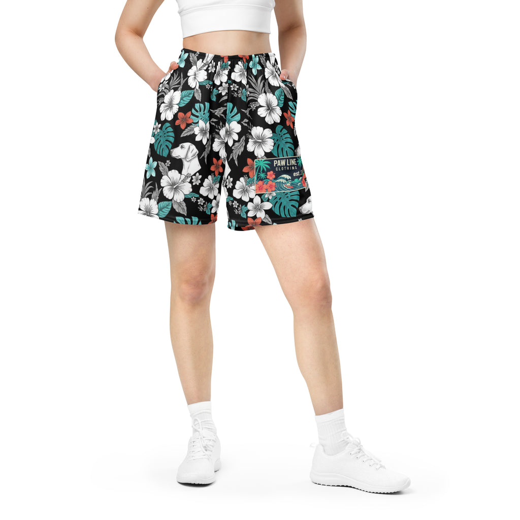 Kurze Mesh-Shorts mit elastischem Bund, Blumen- und Hundemotiv-Print, Frontansicht