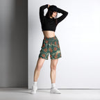Unisex Mesh-Shorts dunkelgrün mit orangen Blumen, elastischer Bund, knielang