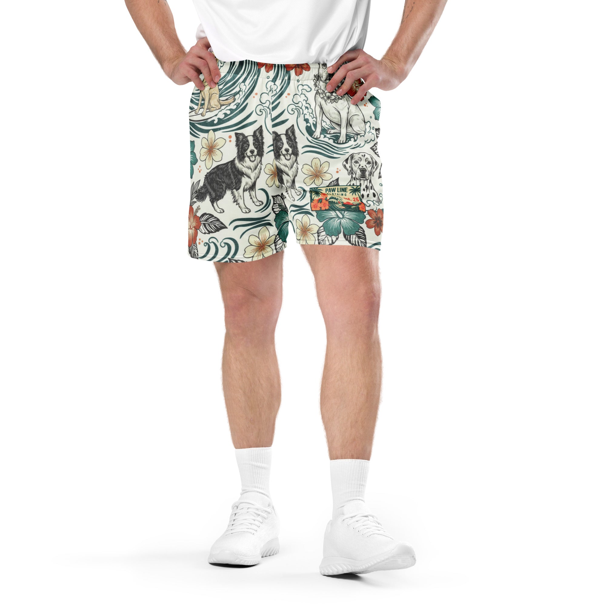 Knielange Mesh-Shorts mit Hunde- und Blumenmotiven, breiter elastischer Bund