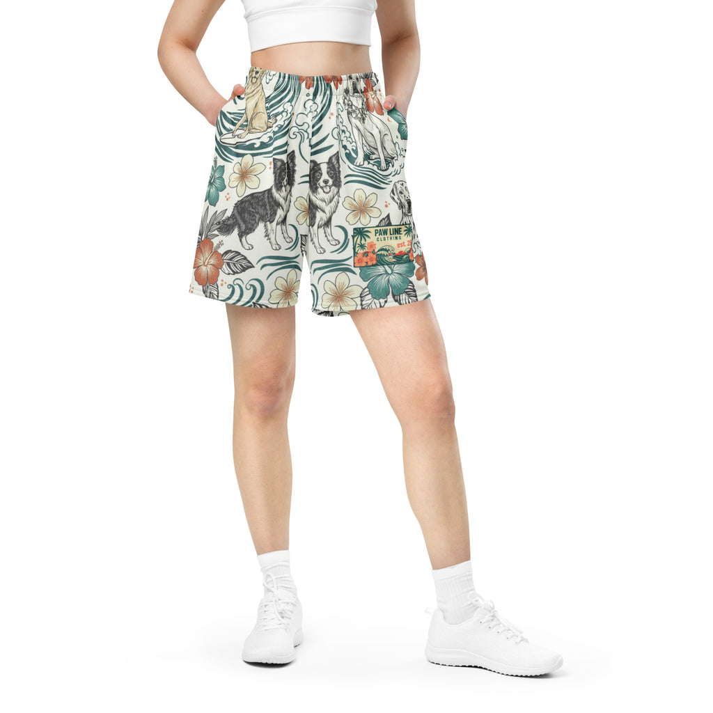 Knielange Mesh-Shorts mit Hundeprint und Tropenblumen, elastischer Bund