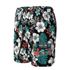 Mesh-Shorts mit floralem Muster und Hundemotiven, schwarzer Bund mit Kordel