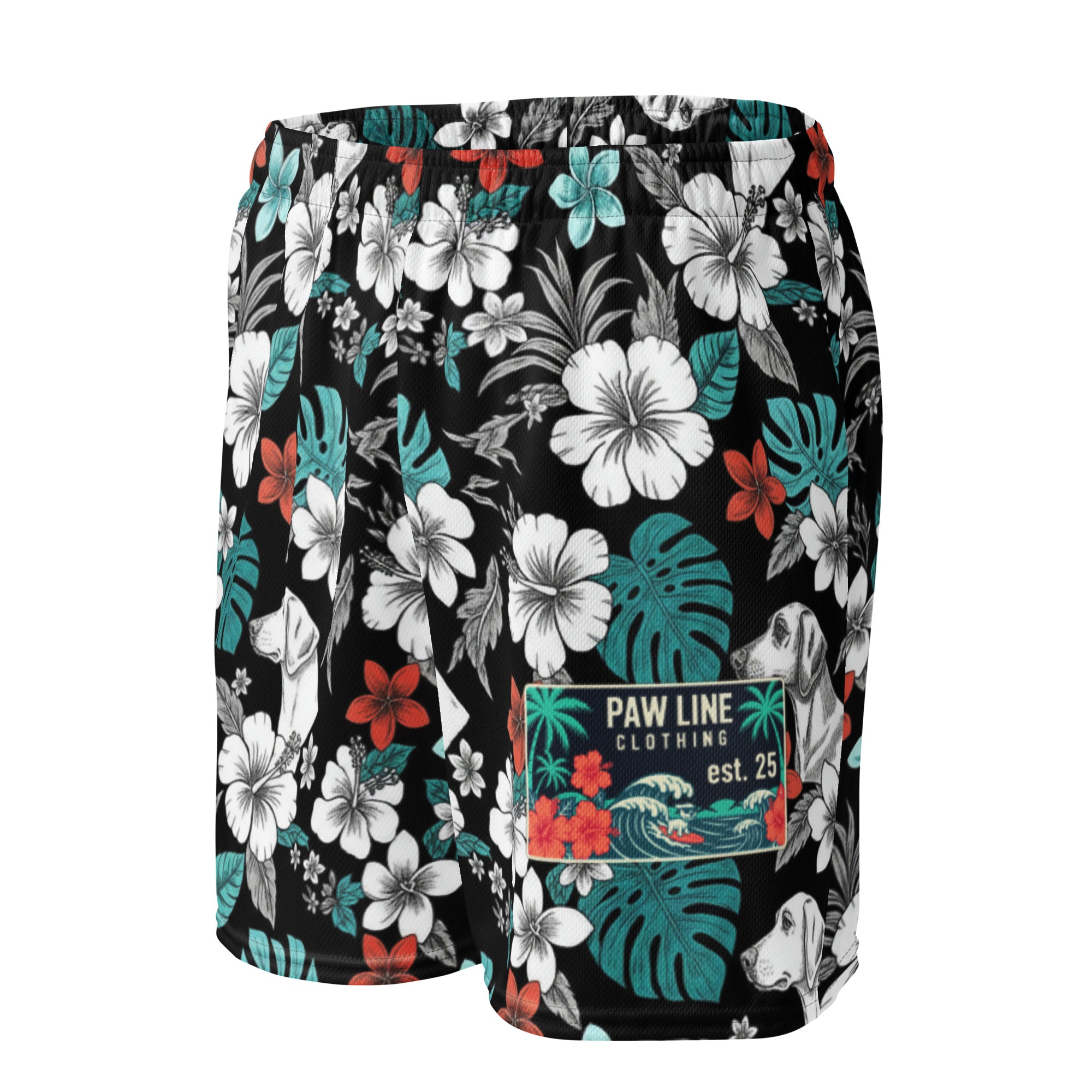 Mesh-Shorts mit floralem Muster und Hundemotiven, schwarzer Bund mit Kordel