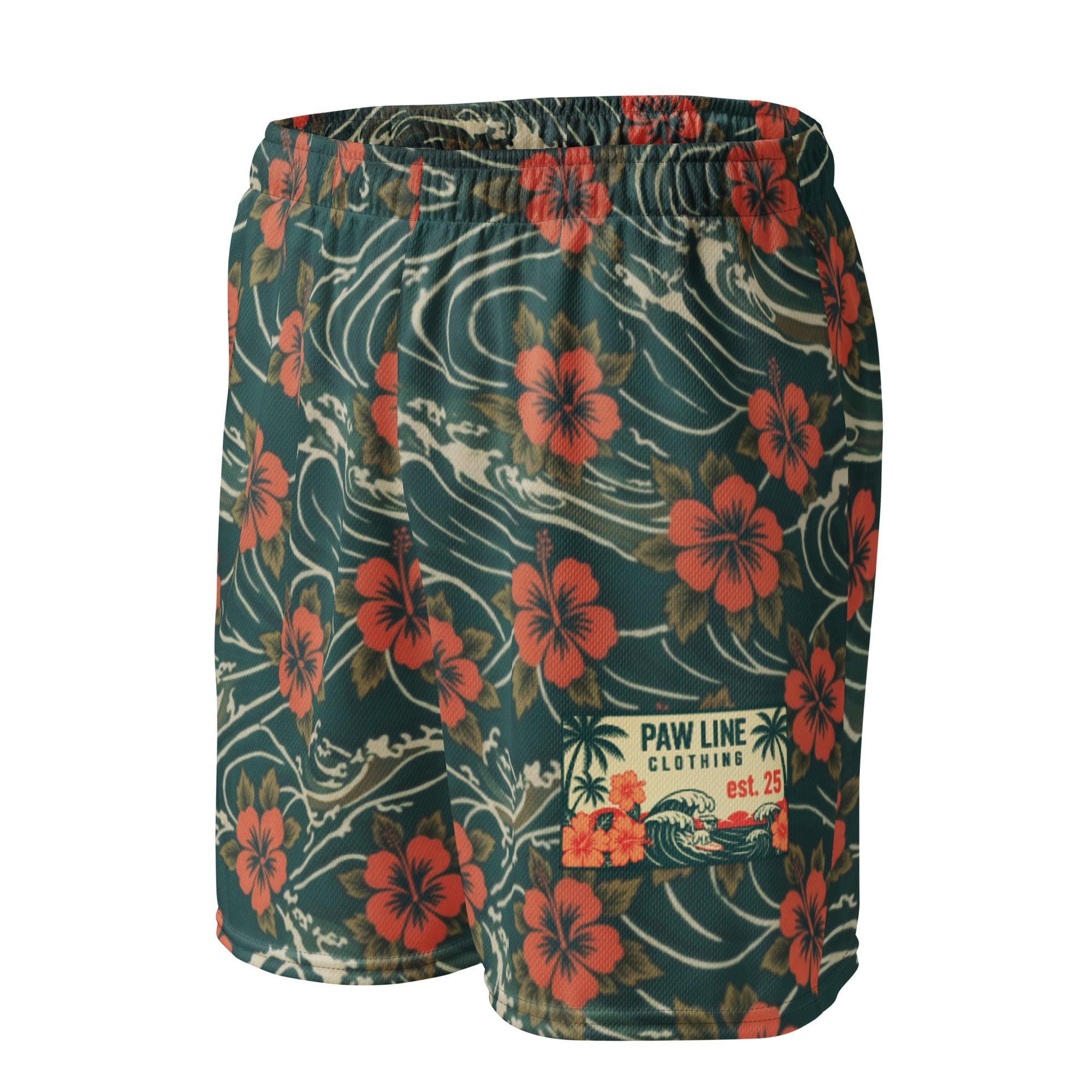 Mesh-Shorts dunkelgrün mit orangen Blumen, elastischer Bund, geprägtes PAW LINE-Logo