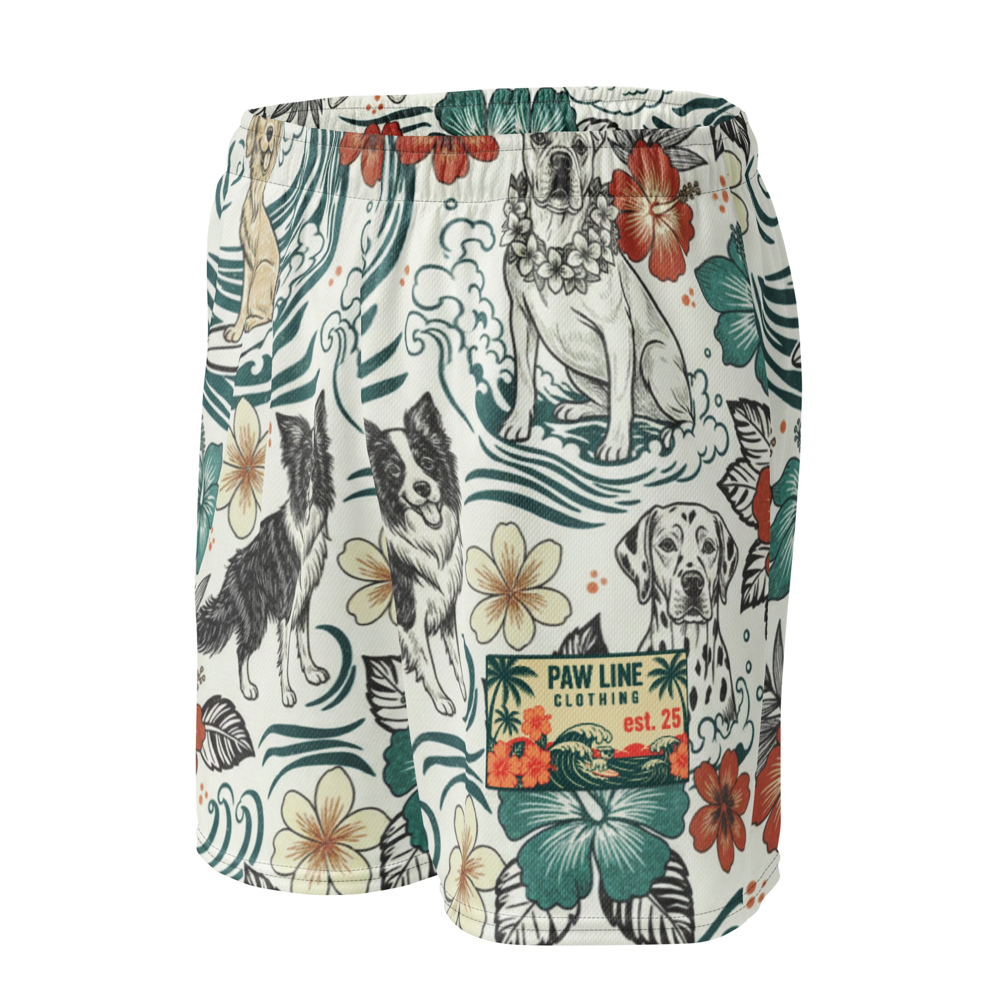 Bunte Mesh-Shorts mit Hundemotiven und Blumen, elastischer Bund