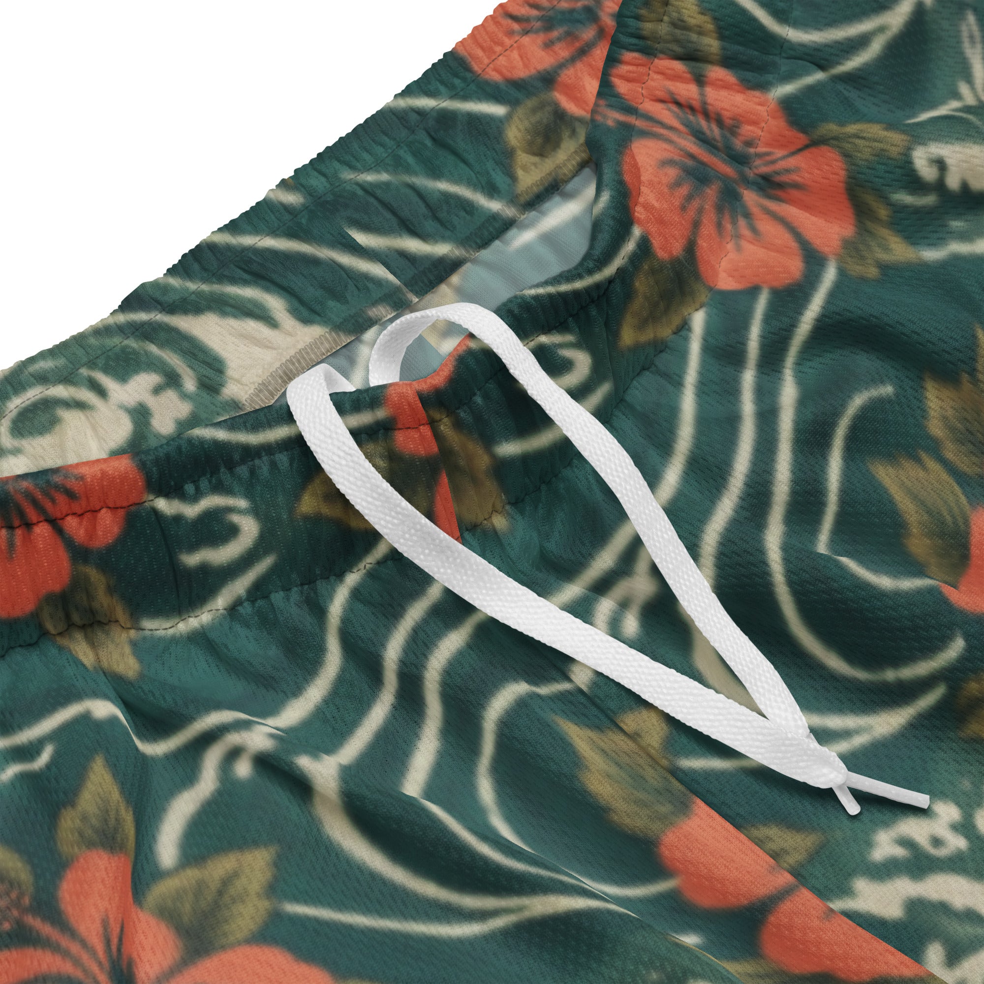 Mesh-Shorts dunkelgrün mit Blumenmuster, elastischer Bund, weißer Kordelzug