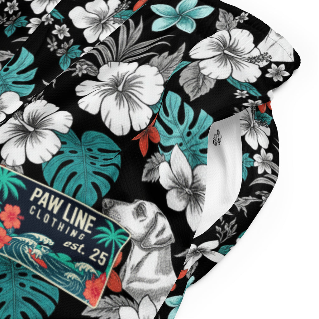 Mesh-Shorts mit Paw Line Label, Blumen- und Hundemotiv-Print auf schwarzem Stoff