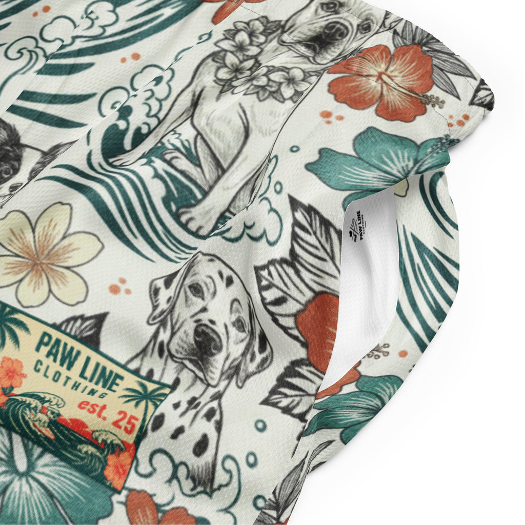 Mesh-Shorts mit Hunde- und Tropenblumenprint; Markenlogo-Patch am Bein