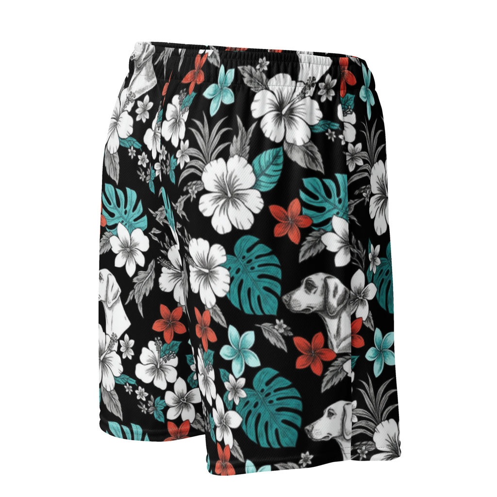 Mesh-Shorts mit Blumenprint, Dschungelblättern und Hundemotiven, seitlich