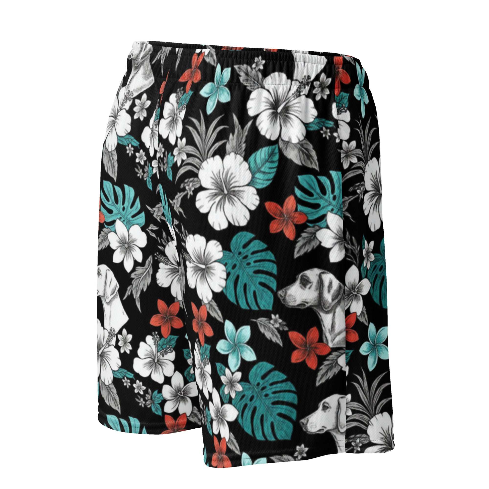 Mesh-Shorts mit Blumenprint, Dschungelblättern und Hundemotiven, seitlich