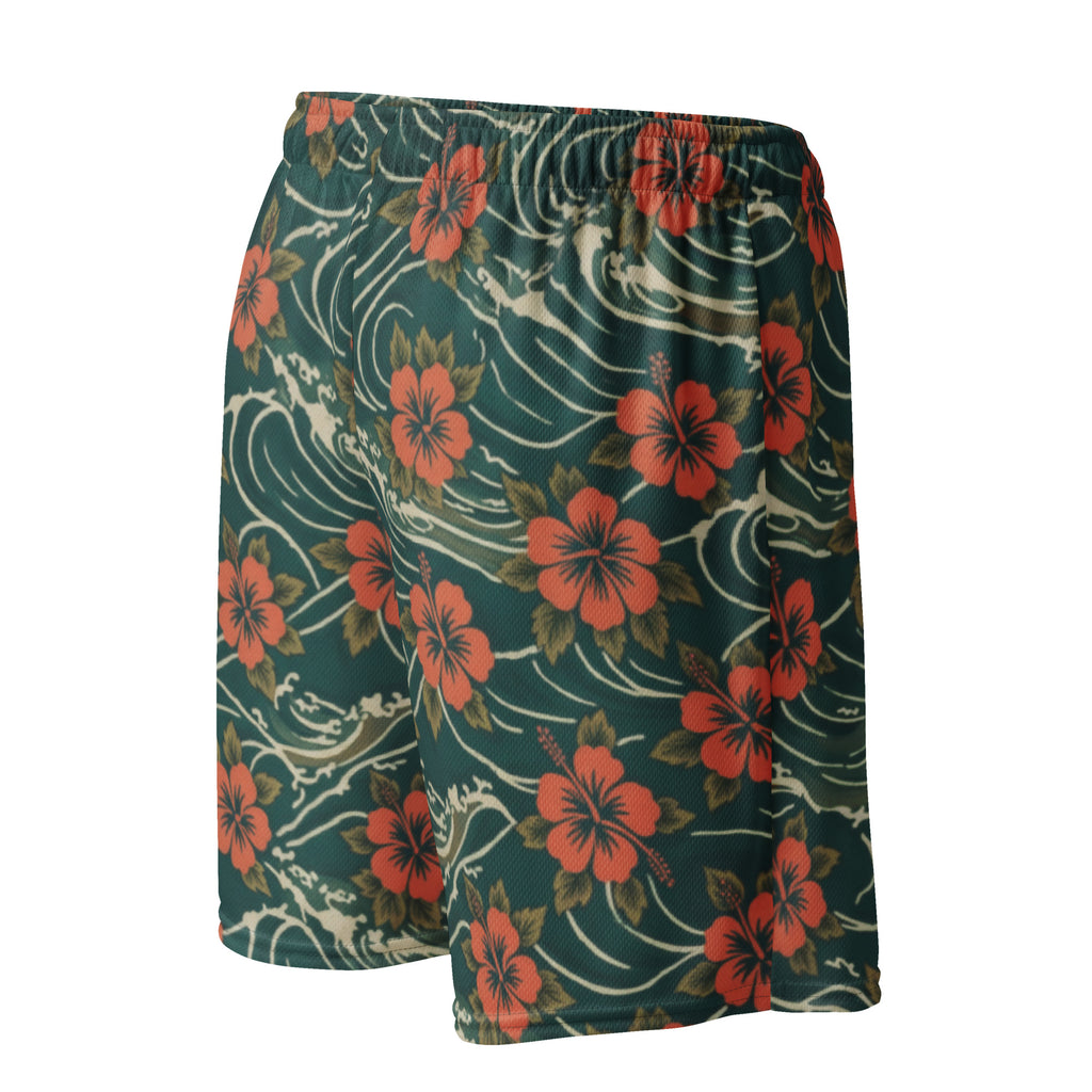 Mesh-Shorts dunkelgrün mit orangen Blumen, gerades Bein, elastischer Bund