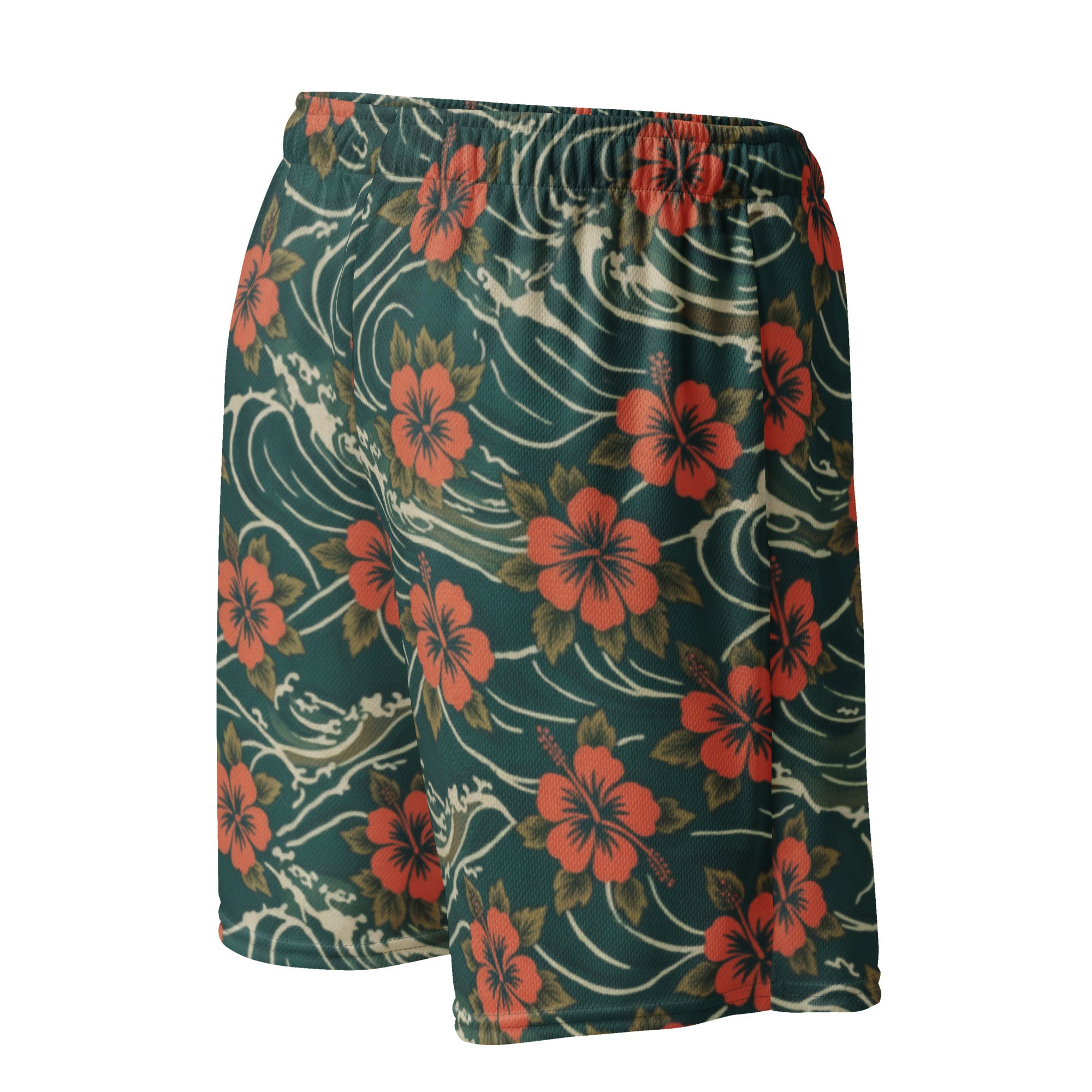 Mesh-Shorts dunkelgrün mit orangen Blumen, gerades Bein, elastischer Bund