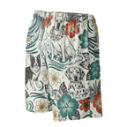 Bunte Mesh-Shorts mit Hundeprint, Blumen und Blättern, breiter elastischer Bund