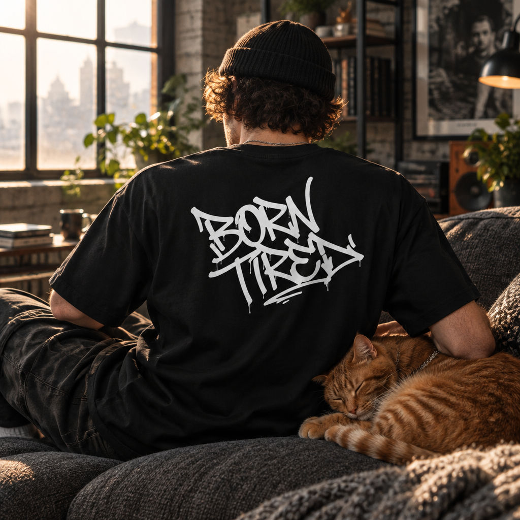 Schwarzes T-Shirt mit großem Graffiti-Logo auf der Rückseite