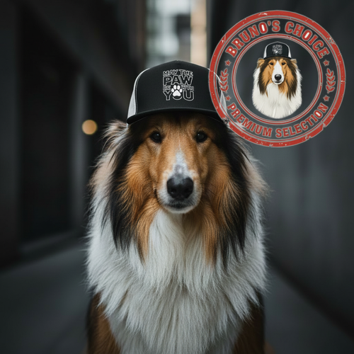 Trucker-Cap mit Hundepatch und Schriftaufdruck auf schwarzer Vorderseite, Mesh hinten