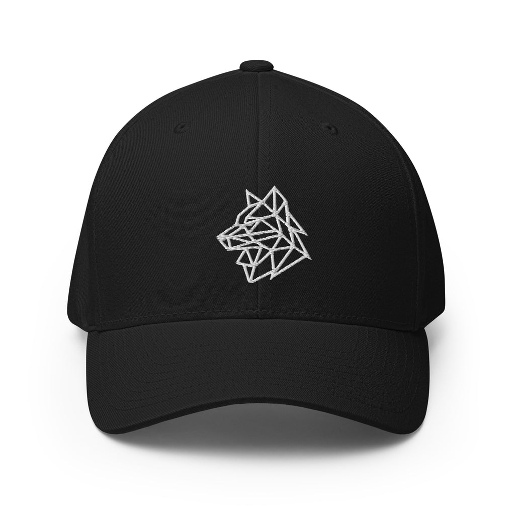 Basecap Schwarz mit weißem Geometrie-Logo vorne und kurzem Schirm