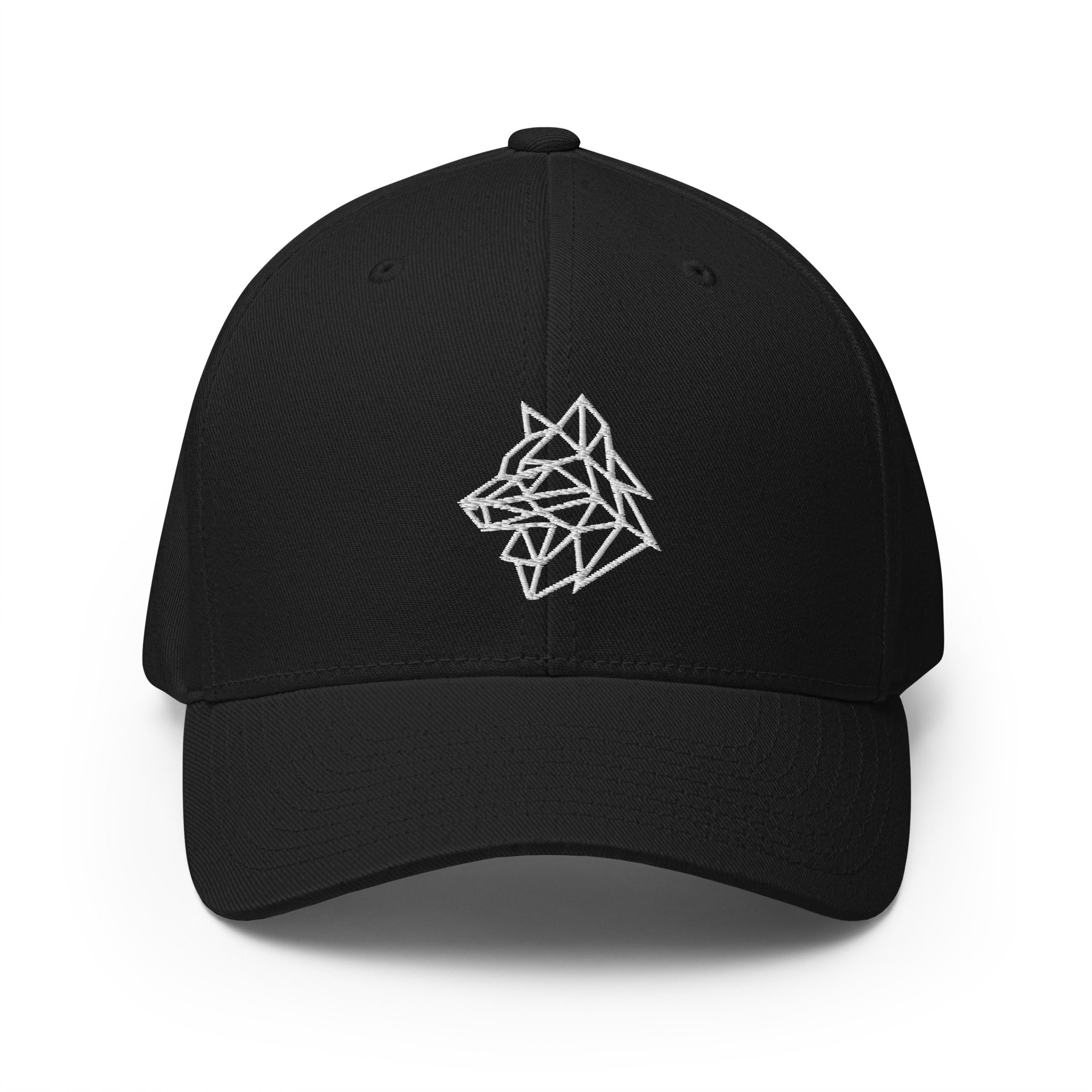 Basecap Schwarz mit weißem Geometrie-Logo vorne und kurzem Schirm