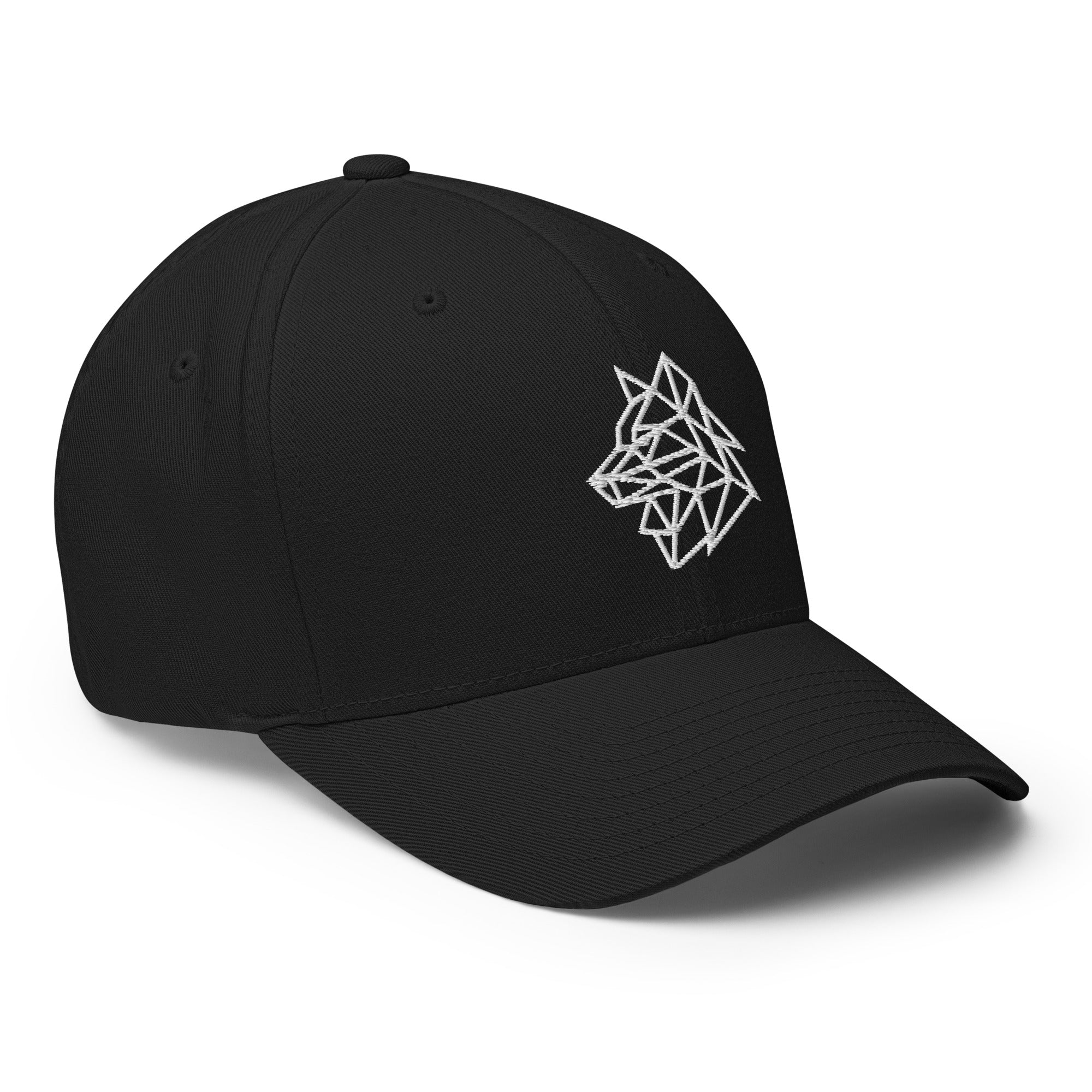 Basecap Schwarz seitlich mit weißem Geometrie-Logo und kurzem Schirm