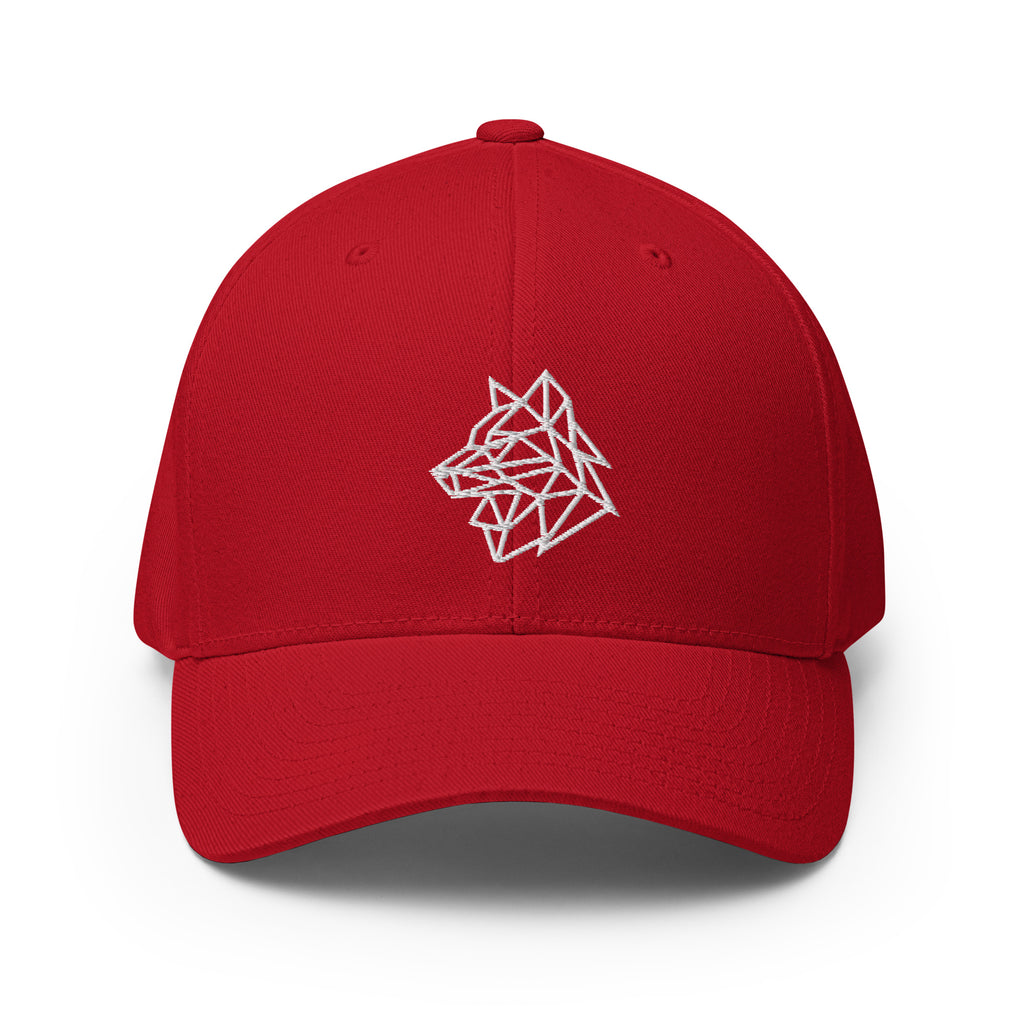 Basecap Rot mit weißem Geometrie-Logo vorne und kurzem Schirm