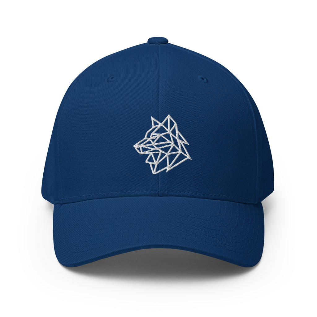 Basecap Königsblau mit weißem Geometrie-Logo vorne und kurzem Schirm