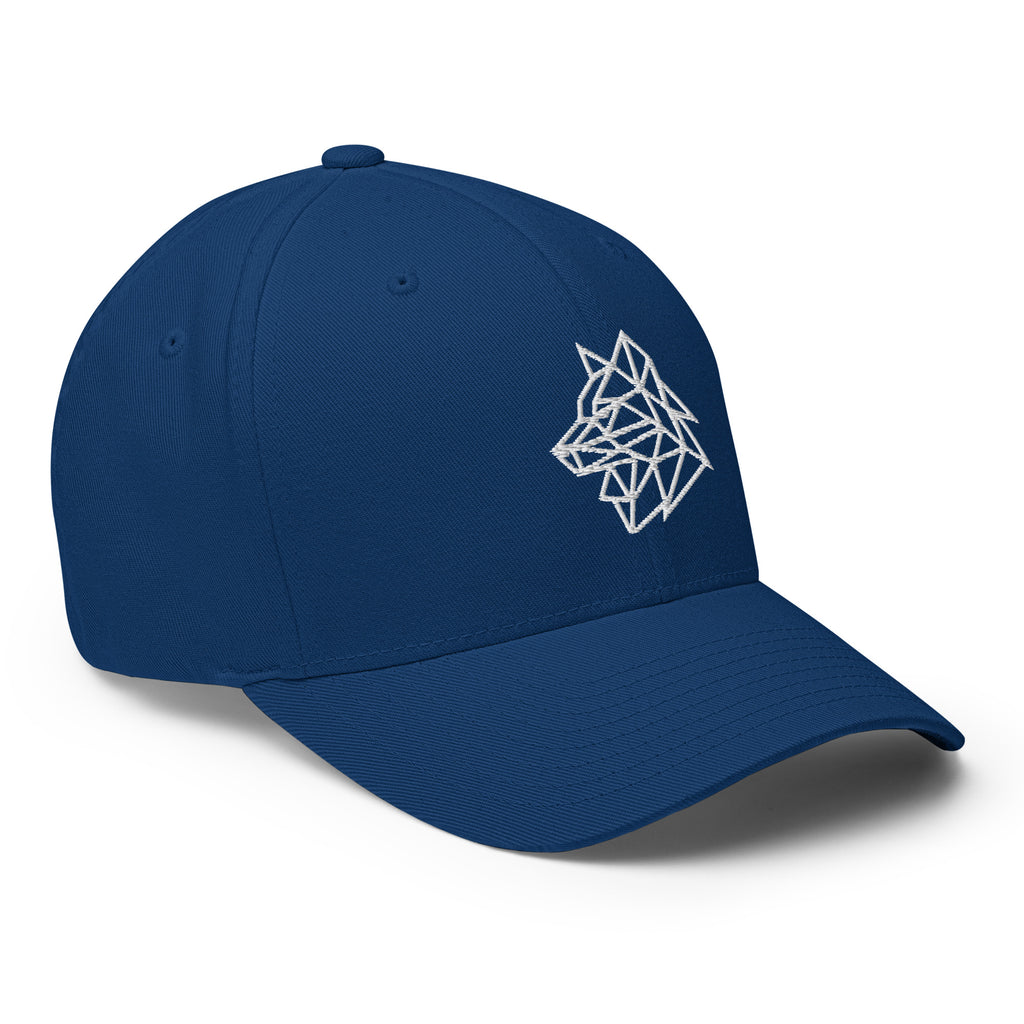 Basecap Königsblau seitlich mit weißem Geometrie-Logo und kurzem Schirm
