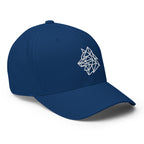 Basecap Königsblau seitlich mit weißem Geometrie-Logo und kurzem Schirm