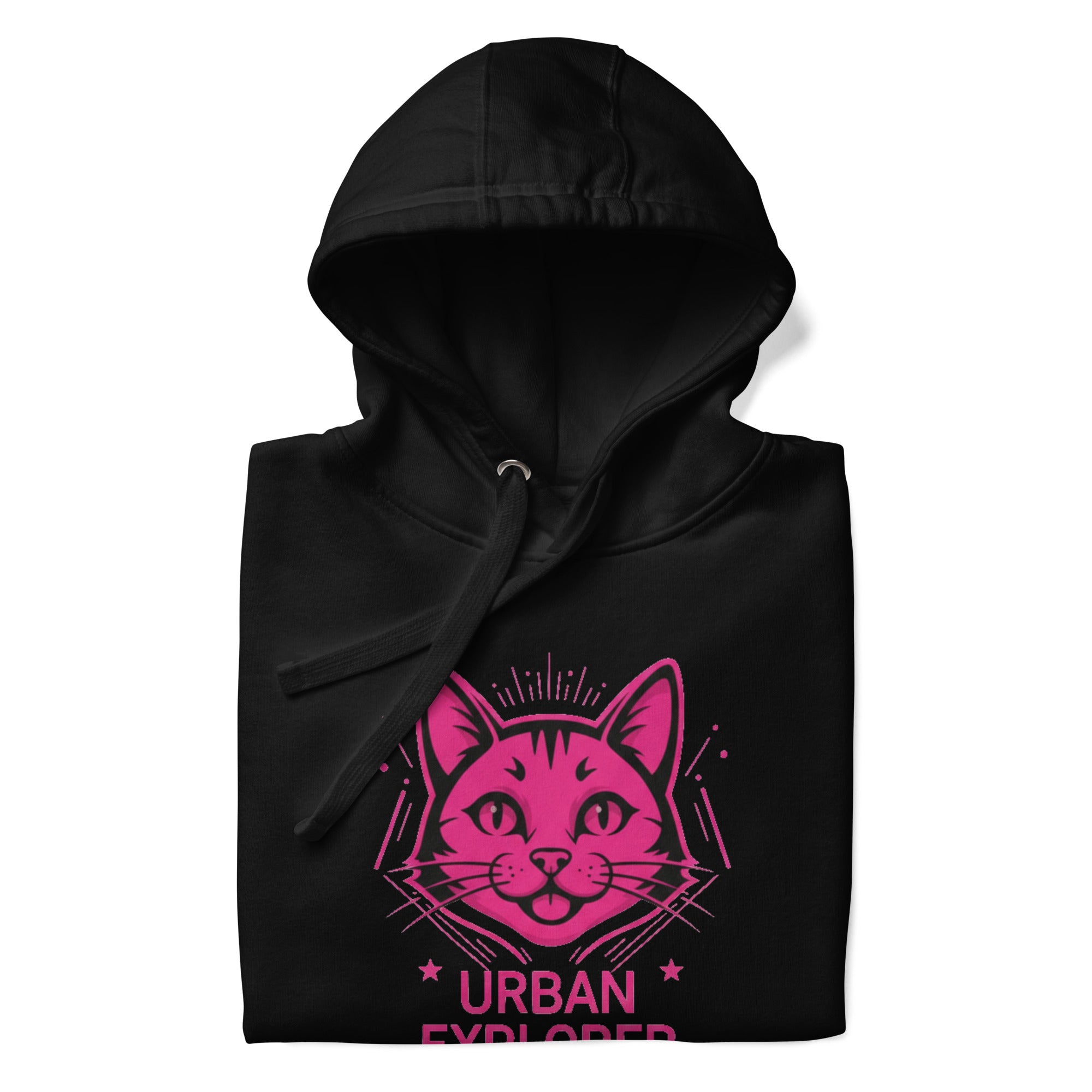 Urban Explorer Cat Hoodie Schwarz Frontansicht Geometrisches Motiv Unisex