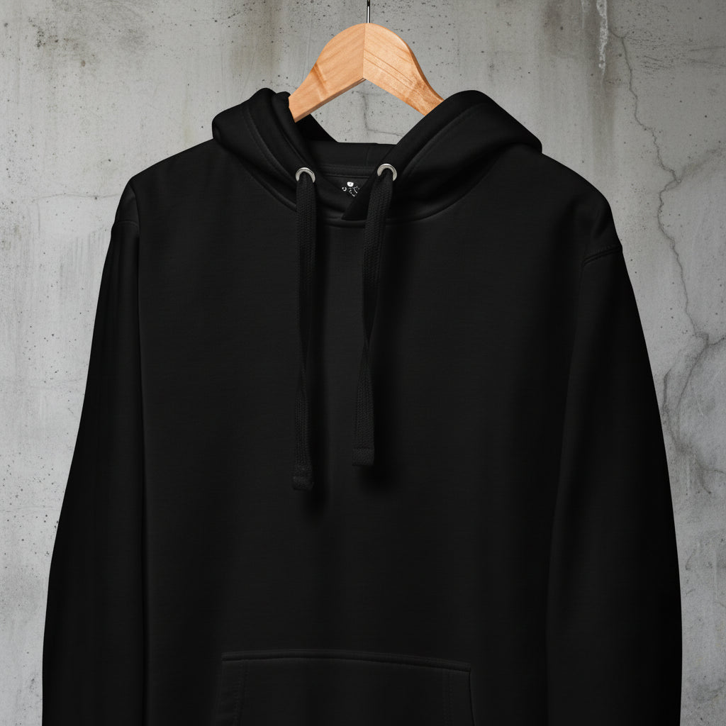 Premium-Hoodie, schwarz, Kapuze mit Kordeln und Kängurutasche