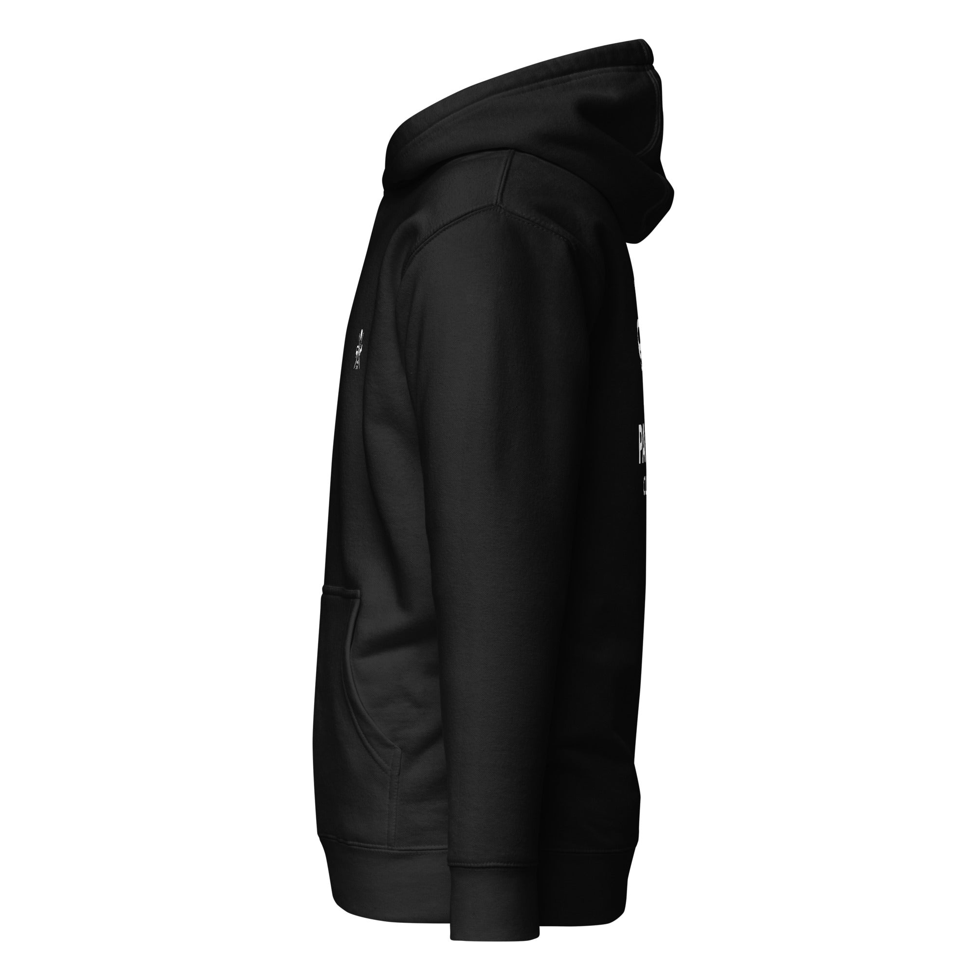 Schwarzer Hoodie Rück-/Seitansicht mit Kapuze, Kängurutasche und Ärmelnaht.