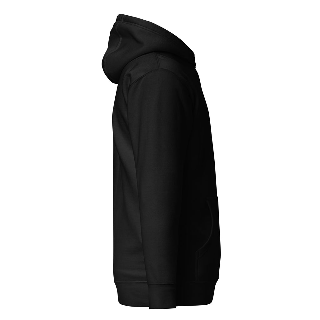Schwarzer Hoodie seitlich mit Kapuze; Kängurutasche und glatte Vorderansicht.