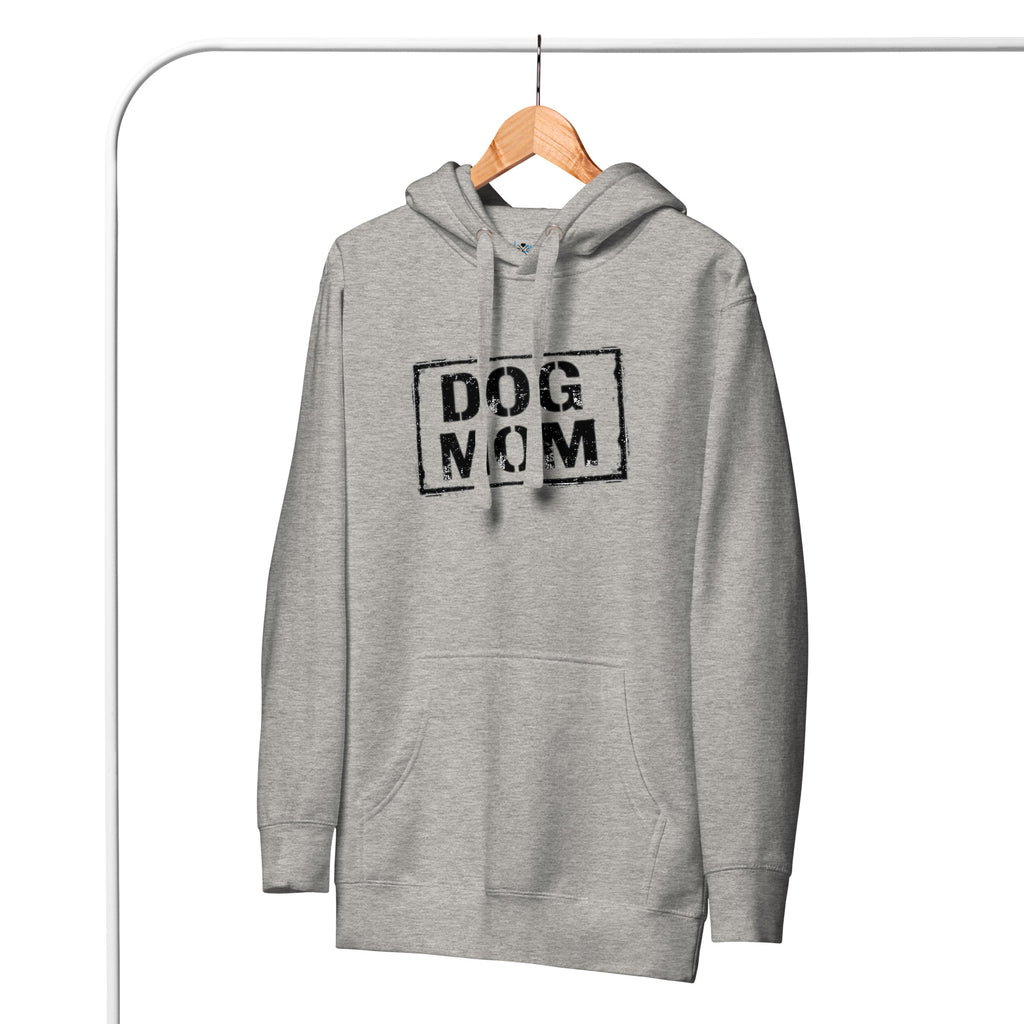Grauer Unisex-Hoodie mit Kapuze, Kängurutasche und Frontaufdruck „DOG MOM“