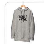Grauer Unisex-Hoodie mit Kapuze, Kängurutasche und Frontaufdruck „DOG MOM“