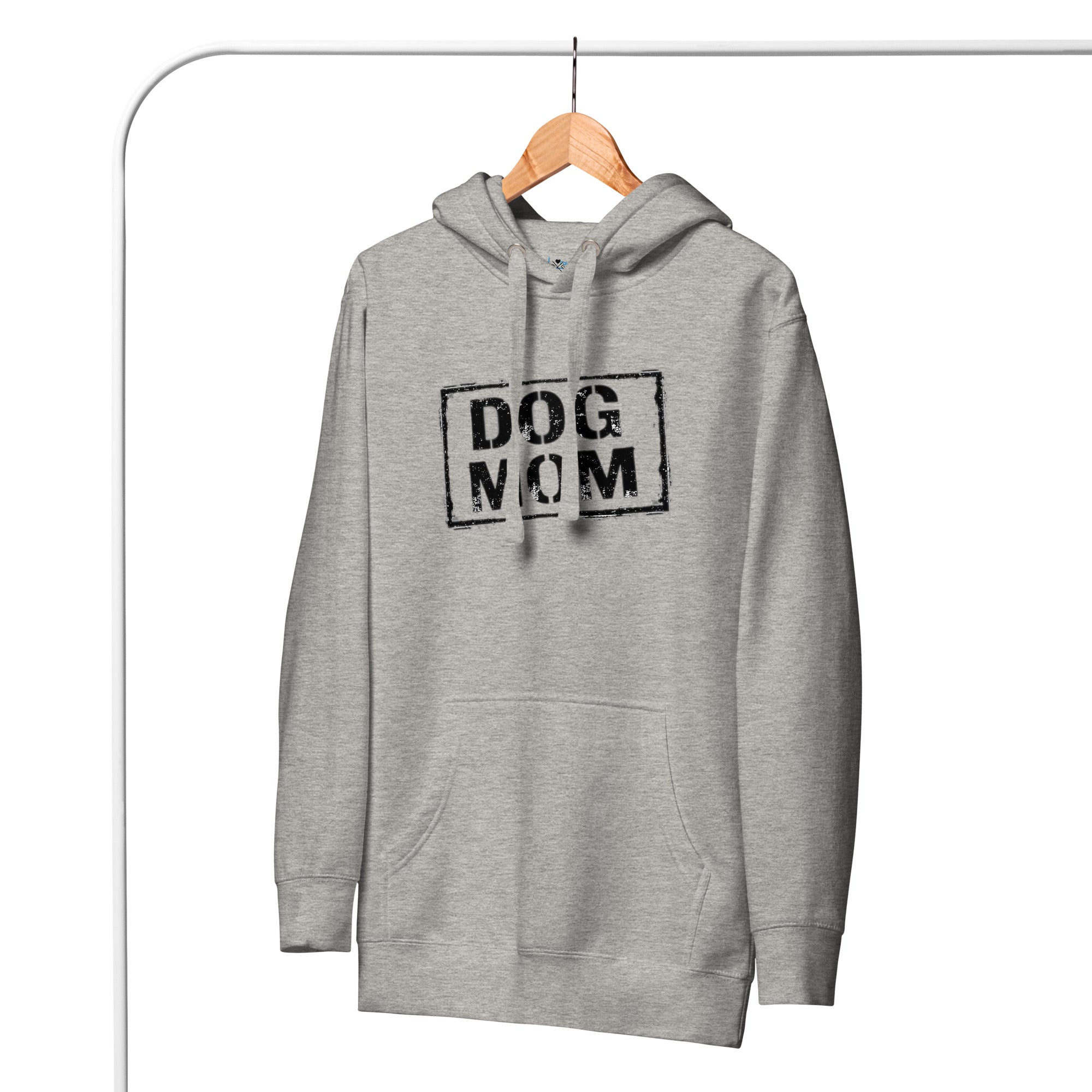Grauer Unisex-Hoodie mit Kapuze, Kängurutasche und Frontaufdruck „DOG MOM“