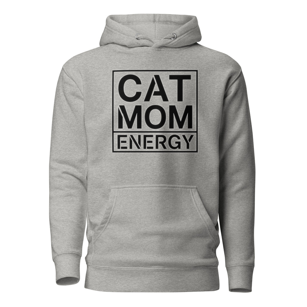 Grauer Hoodie mit „CAT MOM ENERGY“-Print vorn, Kapuze und Kängurutasche
