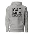 Grauer Hoodie mit „CAT MOM ENERGY“-Print vorn, Kapuze und Kängurutasche