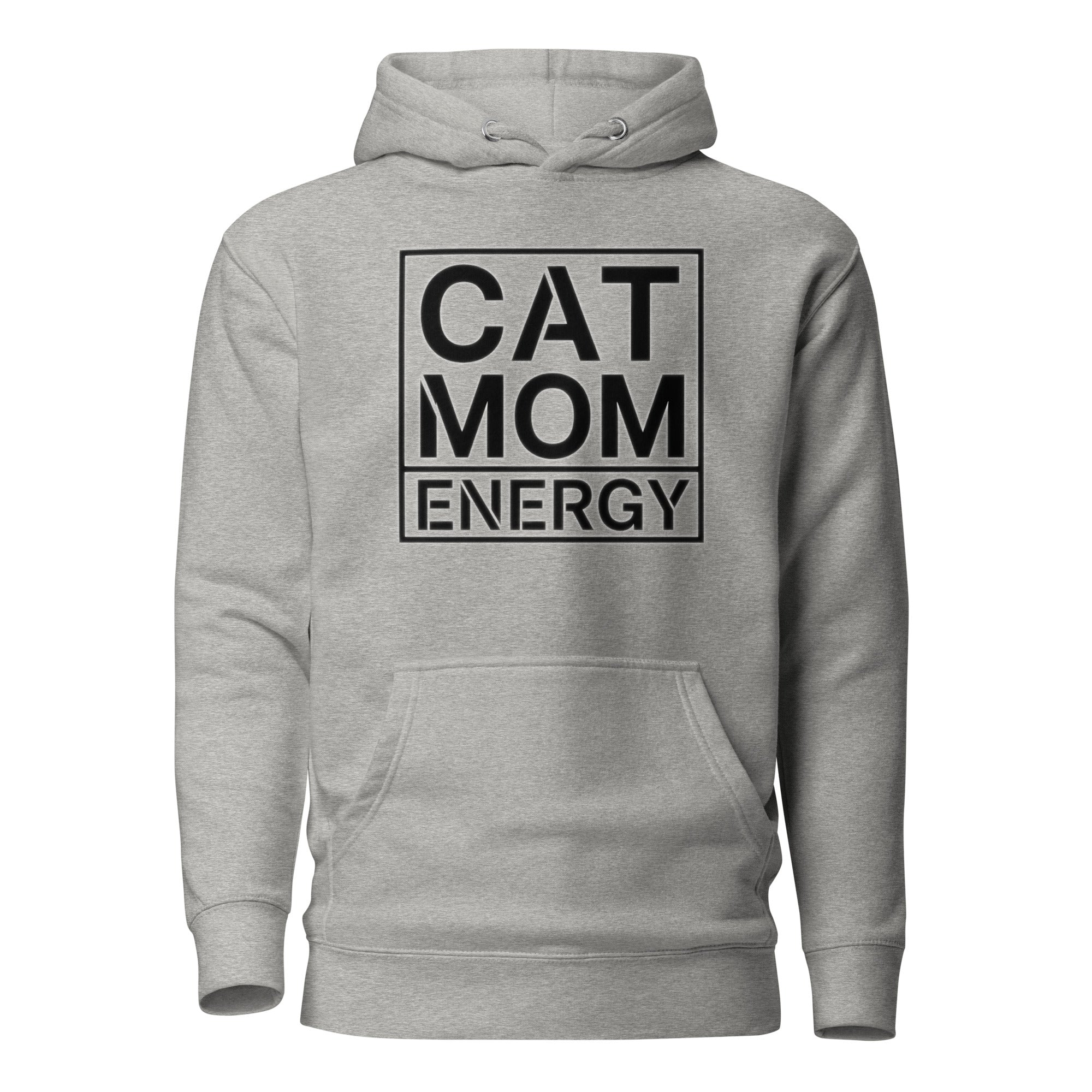 Grauer Hoodie mit „CAT MOM ENERGY“-Print vorn, Kapuze und Kängurutasche
