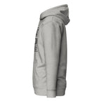 Grauer Hoodie seitlich mit Kapuze und Teil-Print am Ärmel
