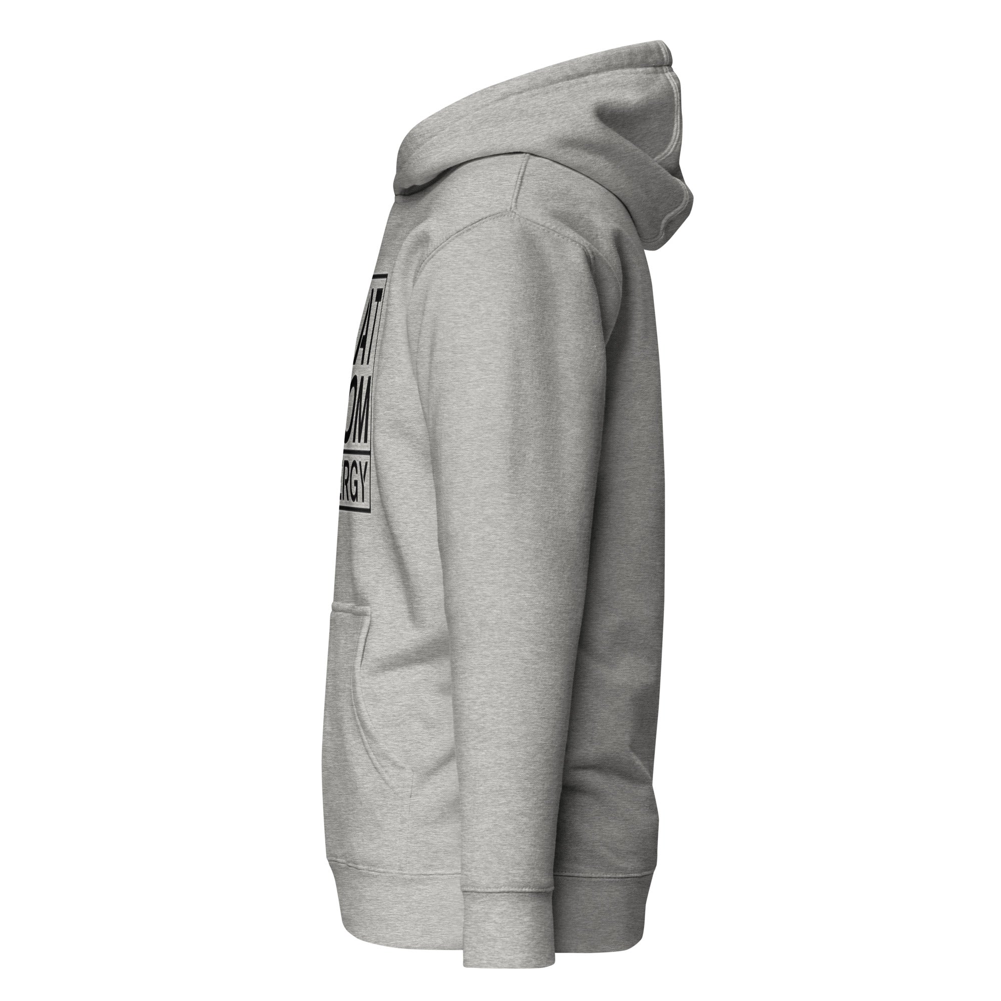 Grauer Hoodie seitlich mit Kapuze und Teil-Print am Ärmel
